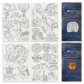 DOODLREAM 31Pcs Western Cowboy Embroidery Pattern Stabilizers, 8.3"x11.7" Skull Cowboy Water Soluble Stick and Stitch Embroidery Stickers, 4 Sheets Vintage Hand Sewing DIY Embroidery Paper