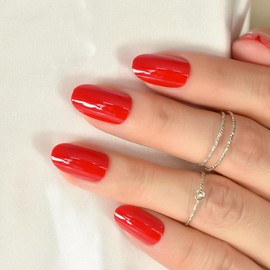 New Year Red Press on Nails Oval Short - IKISKT Solid Red 24pcs Glossy Nails Full Cover False Finger Nails Kit, Mani Stick on Nails for Women Girls, Bright Red