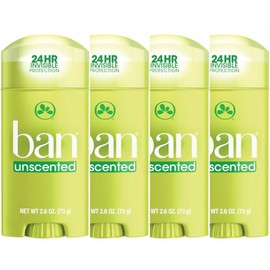 Ban Invisible Solid Antiperspirant Deodorant for Women and Men, 24-Hour Underarm Odor & Sweat Protection, Unscented, 2.6 Oz, Pack of 4