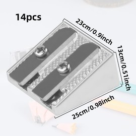 Pack of 14 Metal Pencil Sharpeners, Hand Pencil Sharpener Made of Metal, Manual Double Hole Pencil Sharpener, Small Pencil Sharpener Made of Aluminium Alloy for Coloured Pencils, School Office