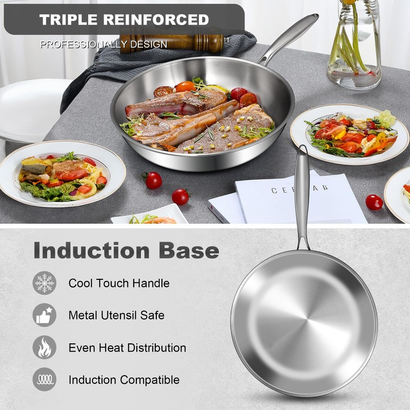 EWFEN 12 Inch Tri-Ply Stainless Steel Frying Pan, Skillet, Induction