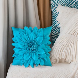 Bella's Giftshop 3D Sunflower Decorative Throw Pillow Covers for Bed Sofa Couch Car, Accent Floral Taffeta Cushion Cover, Handmade Pillow Cases Living Room Decor, 17x17 Inch-Blue/Turquoise