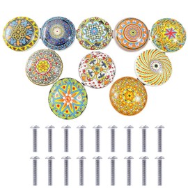 Auped Pack of 10 Ceramic Knobs Furniture Knobs Bohemian Style Cabinet Knobs 39 mm Round Drawer Knobs Door Knobs with Different Patterns for Dresser, Drawer, Cupboard