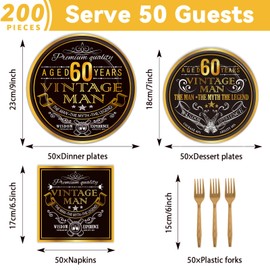 200 PCS Vintage 60th Birthday Plates and Napkins Party Tableware Set 1964 60th Birthday Party Table Supplies Cheers to 60 Years Paper Plate Napkin Fork 50 Guests for Men