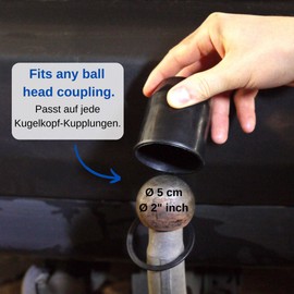 Universal towing hitch cover with locking ring, for ball couplings with 50 mm diameter, not easy to lose, made of flexible plastic, black, weather-resistant and car wash-resistant