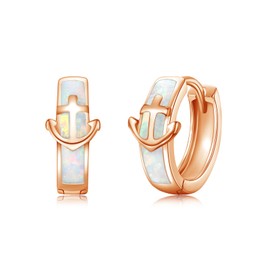 Opal Anchor Earrings Women's 925 Sterling Silver Hoop Earrings Opal Anchor Small Huggie Hoop Earrings Anchor Jewellery Gifts for Women Girls, Sterling Silver, Opal