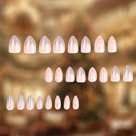 Christmas Press on Nails Almond Medium Length, 24Pcs Artificial Glitter Fake Nails with Gold Snowflake Designs, Winter Glossy Full Cover False Nails Acrylic Holiday Fingernails for Women