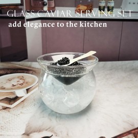 FANQIEW Glass Caviar Serving Set with 2 Pcs Mother of Pearl Spoons Caviar Dish Chiller Server Set with Ice Holder and 3.5 Inch Caviar Spoon for Shrimp Ice Cream Sauce Dishwasher Safe