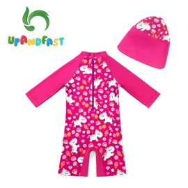 upandfast Baby Girl Swimsuits UPF 50+ Sun Protection Long Sleeve One Piece Zip Swimwear (Rose, 12-18 Months)