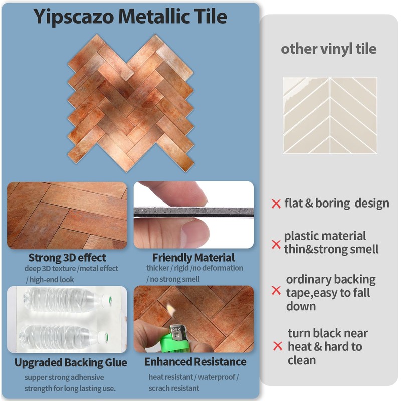 Yipscazo 10 Sheets Retro Copper Herringbone Peel and Stick Backsplash