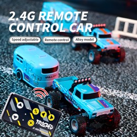 YRounee 1:64 Mini RC Monster Truck with LED Lights | 2.4GHz Off-Road Remote Control Car | 3 Speed Adjustable, USB Rechargeable Alloy RC Truck for Kids & Adults Indoor/Outdoor Racing (Orange Blue)