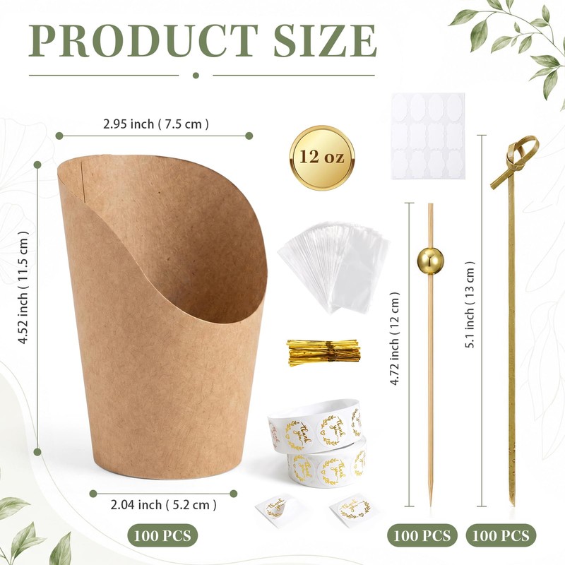 100 Set 12 oz Brown Kraft Charcuterie Cups with Sticks,