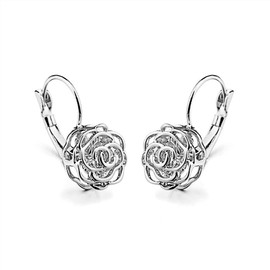 BlackLily Rose Flower Leverback Earrings for Women – 3D Rose Petal Design with AAA Diamond-Cut Australian Crystal Classic Leverback Design for All-Day Comfort and Style (Earrings White Gold Plated)