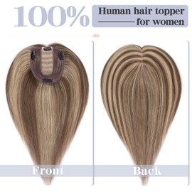 S-noilite Human Hair Toppers for Thinning Hair Women Real Hair Topper Clip in Toupee 100% Remy Real Human Hair 40g（#4P27 Medium Brown and Dark Blonde, 12 Inch）