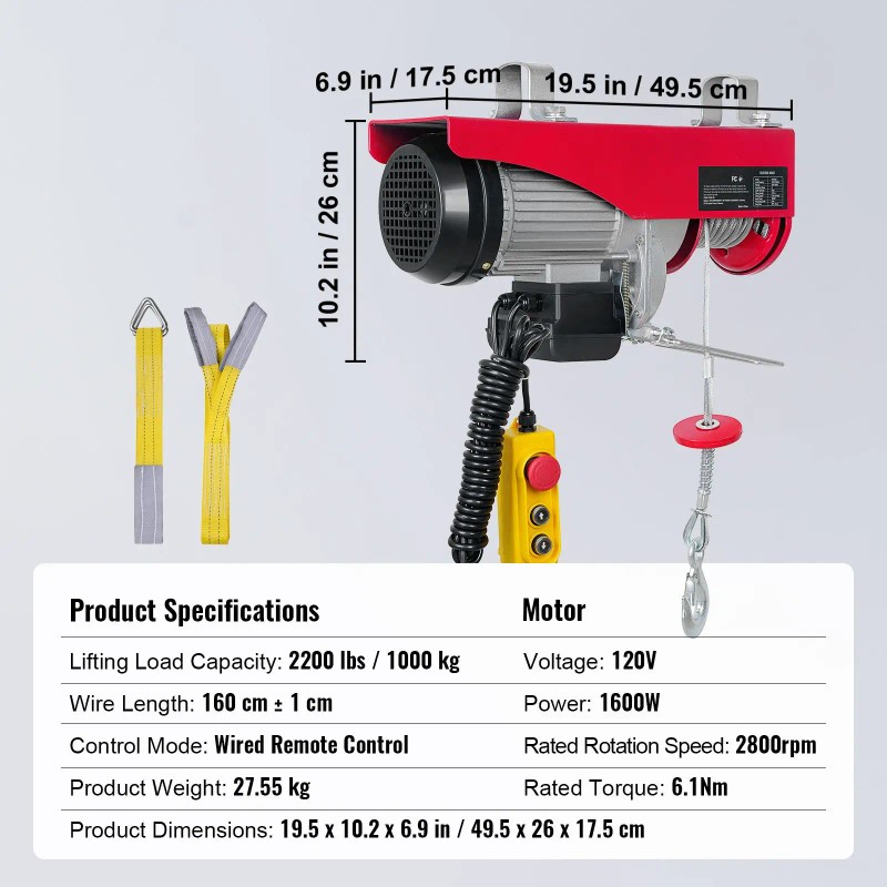 2200 Lbs 14ft Single Cable 1600W 110V Electric Hoist with
