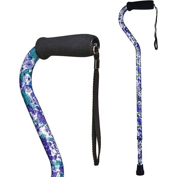 DMI Adjustable Designer Cane with Offset Handle, Comfort Grip and Strap, Purple Flower