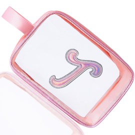 COSHAYSOO Clear Makeup Bag Preppy Initial Letter Cosmetic Toiletry Sunscreen Pouch Travel Essential Accessories Gifts for Women Girls Weekend Summer Holiday Airplane Plane Cruise Traveling Pink T