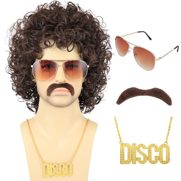 Bettecos 80s Short Brown Curly Wig for Men with Mustache