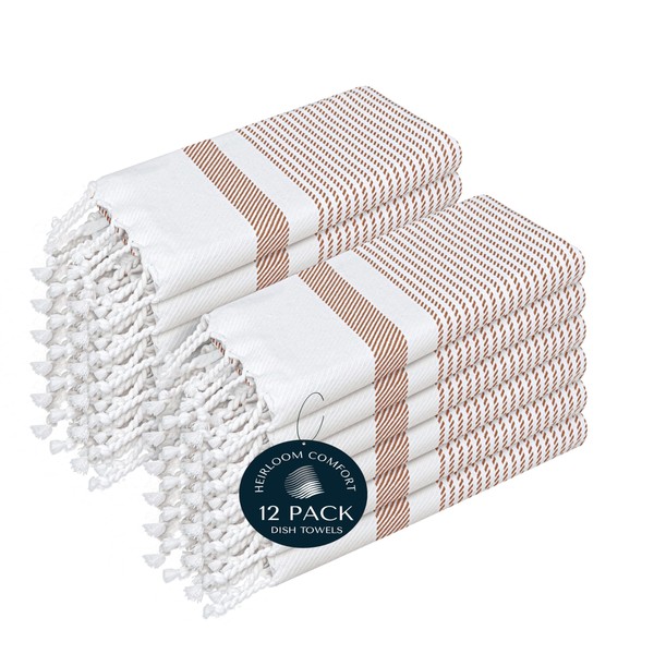HEIRLOOM COMFORT Brown Turkish Kitchen Towels 16x26 Inch, 12 Pack,