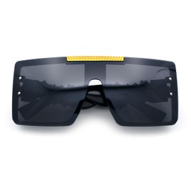 Locs Bold Gothic Logo Oversized Rimless Dark All Black Rectangle Sunglasses Gold Logo