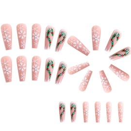 Christmas Press on Nails Extra Long Acrylic Nails Snowflake Christmas Tree False Nails Rhinestones Artificial Fake Nails Full Cover Coffin Nails Xmas Nail Art Decorations Glue on Nails for Women