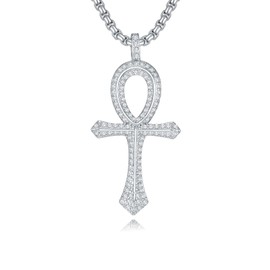 Lattd Ankh Necklace 925 Sterling Silver Iced Out Pave 5A CZ Ankh Cross Pendant Necklaces Egyptian Jewelry for Men Women, w/Stainless Steel Chain 22'' + 2''