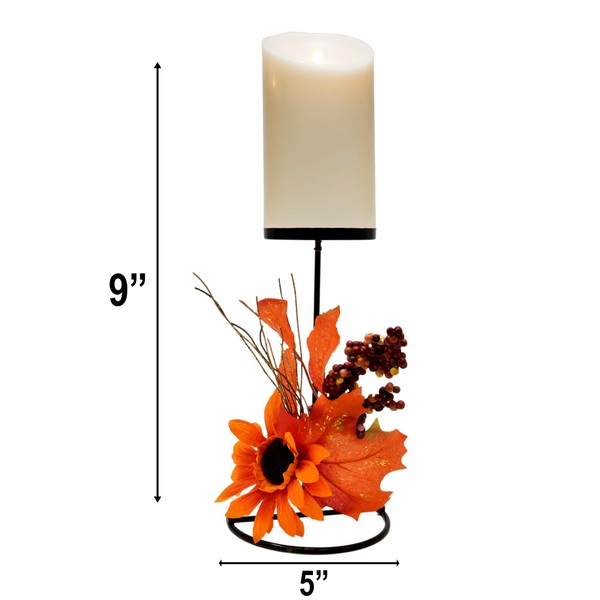 Thanksgiving Candle Holders for Table Centerpiece Set of 2 Fall Metal Pillar Candles Orange Berry Twig Maple Leaves Sunflower Harvest Centerpieces for Autumn Wedding Dining Room Decorations
