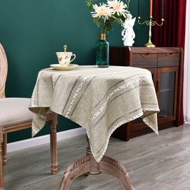 NEWISHER Rustic Farmhouse Embroidered Small Square Tablecloth Jacquard Striped Table Cloth Linen Washable Fabric Side Table Cover Kitchen Dining Home Decoration Almond Buff 90×90 cm