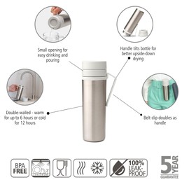 Brabantia - Make & Take Thermal Bottle with Belt Clip, Keeps Drinks Hot for 6 Hours or Cold for 12 Hours, Leak-proof and Dishwasher Safe - Light Grey, 0.5 L