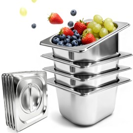 Philbinden 4 Pack Stainless Steel Hotel Pans 1/6 Size 4 Inch Deep With Lids, 0.7 mm Thick 304 Stainless Steel Hotel Pans for Ffor Home, Party, Hotel, Buffet Commercial Kitchen Use