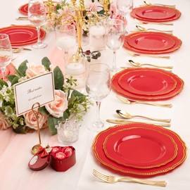 Hioasis 60pcs Red Plastic Plates - Red and Gold Disposable Plates, 7.5 inch Plastic Dessert Plates, Perfect for Wedding & Party & Christmas