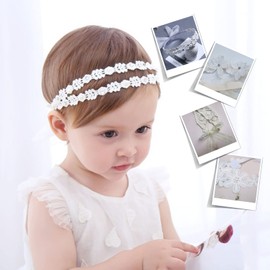 Baby Headband, 4 Pcs Cute White Flower Baby Girl Headbands Soft Elastic Lace Floral Baby Hair Bands Hair Accessories for Newborn Infant Toddler Kids Birthday Wedding Party Photography 0-36 Months