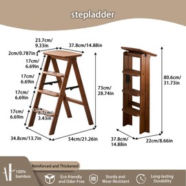 Baveke Step Ladder 4 Tier Folding- Anti Slip Step Stool Foldable, Multi 3-in-1 Bamboo Step Ladder Lightweight Portable, Wooden Step Stool Saving Space for Kitchen, Office(Brown, Capacity 250lbs)