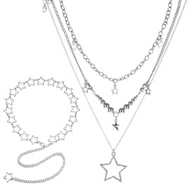 Women's Star Waist Chain Belt and Necklace Set, Silver Y2k Belly Chain Belt Adjustable Plus Size Body Chains with Trendy Stack Necklace Jewelry for Women Dresses Skirts Jeans