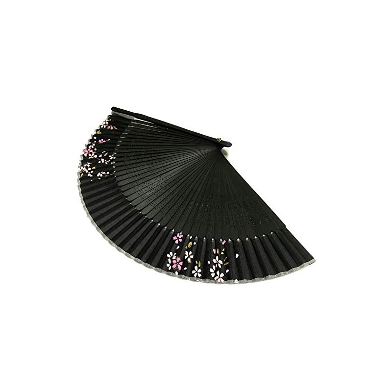 Hana-Kanzashi Women's Silk Fan, Cherry Blossom Pattern, Black, Lady’s Length,