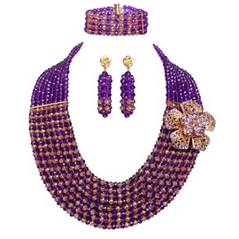 Africanbeads 8 Rows Purple Champagne Crystal Jewelry Set,Bride Jewelry Set,Wedding Beads Jewelry Set