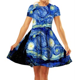 GLUDEAR Women's 3D Print Short Sleeve Unique Casual Flared Midi Dress,Van Gogh,S/M