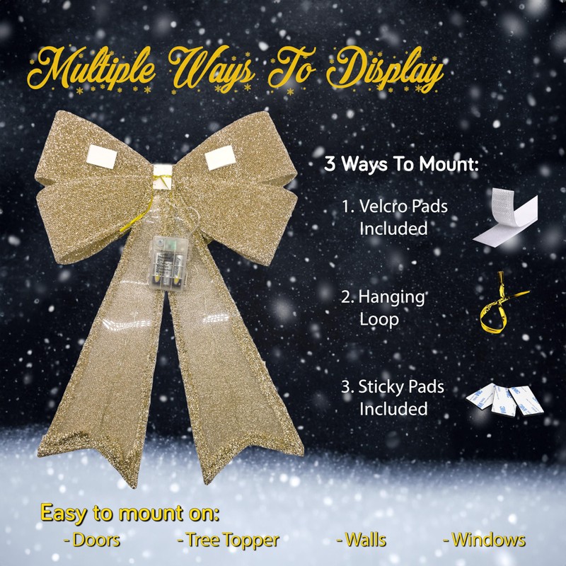 Pre-lit Gold Christmas Bow - Flashing, Dimmable LEDs, Timer,Remote Control,