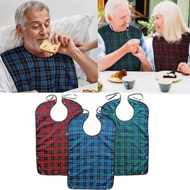 HYMIC 3 Pack Adult Bibs for Men Women Elderly Reusable Large Adult Bibs for Eating, Adjustable Washable Clothing Protectors with Crumb Catcher for Senior (3Pack Blue+Red+Grey)