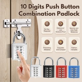 MroMax 1Pcs 10-Digit Combination Padlock Push Button Lock for Locker Gym, Case, Drawer, Toolbox Black