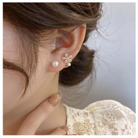 Allereyae Vintage Pearl Flower Ear Jacket Earrings Crystal Flower Ear Climber Earrings Rhinestone Pearl Stud Earrings Front Back Wrap Earrings Jewelry for Women and Girls