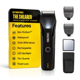 TOOLETRIES The Shearer - Groin & Body Hair Trimmer for Men, Electric Shaver for Pubic Hair, Balls, Groin, Chest, Legs, Waterproof Wet/Dry Clippers, Rechargeable, Bonus Shower Kit