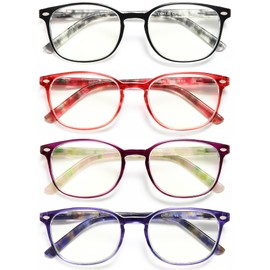EYEURL Blue Light Blocking Reading Glasses Women, 4-Pack Spring Hinge Computer Readers,Anti UV Ray Square Nerd Eyeglasses +3.00
