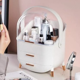 Makeup organizer countertop with lid. Dustproof Skincare Organizer, Bathroom Desktop Cosmetics Storage Box, Luxury Drawer Acrylic Makeup Organizer, Gifts for women (White)