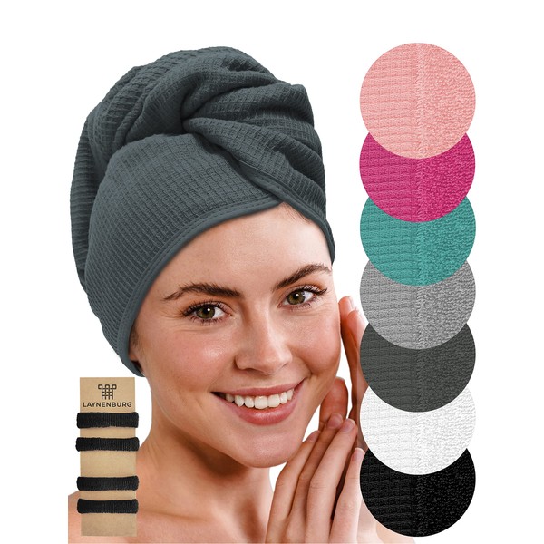 LAYNENBURG Set of 2 Premium Quality Turban - 2 Buttons - 100% Cotton Waffle Pique Towel & Terry Cloth - Towel Button for Short and Long Hair - Quick Dry (Antracite)