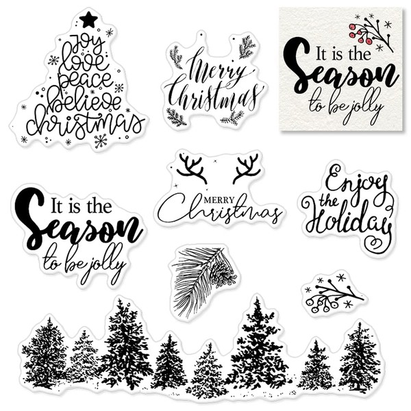 Christmas Trees Clear Stamps for Card Making and Photo Album Decorations, Merry Christmas Words Rubber Stamps Pine Leaf Silicone Stamp Seal for Christmas DIY Scrapbooking