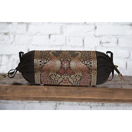 Real Online Seller Indian Polydupion Cylindrical Tube Pillow Bolster Pillow Covers Black Jacquard Brocade Border Peacock Large Couch Round Cylinder Cushion Covers (Set of 2)