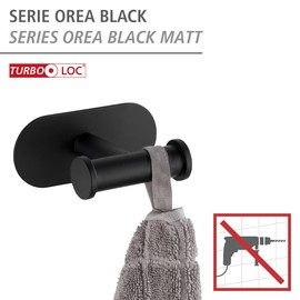 WENKO Turbo-Loc Duo Orea Black Matt Wall Hook, No Drilling Required, Double Hook for Handy Storage of Towels, High-Quality Stainless Steel, Matte Black, 10 x 4.5 x 6.5 cm