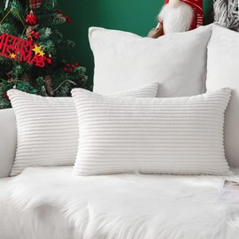 MIULEE Pack of 2 Corduroy Throw Pillow Covers Soild Decorative Pillow Cases Soft Square Cushion for Couch Sofa Bedroom Car 12 x 20 Inch 30 x 50 Cm, Pure White