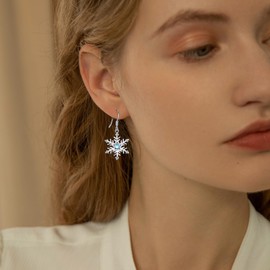 Snowflake Earrings 925 Sterling Silver Winter Snow Flower Drop Dangle Earrings Moonstone Christmas Snowflake Earrings Holiday Christmas Jewelry Gifts for Women Female friends chicas